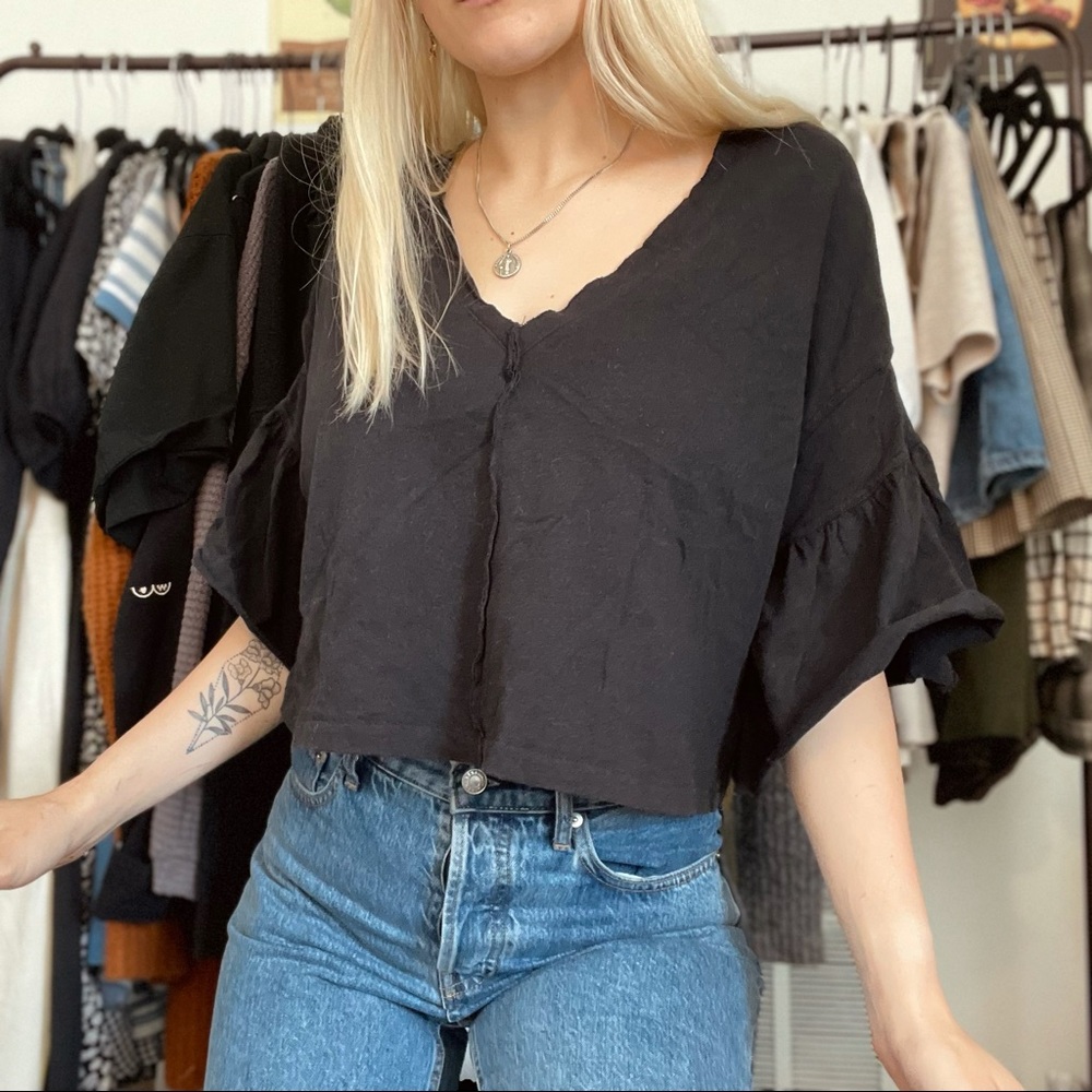 UO Black Boho V-Neck Loose Top